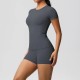 Women Fashion Casual Solid Color Short-Sleeve T-Shirt Tight Shorts Yoga Sports Two-Piece Set