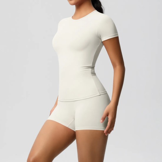 Women Fashion Casual Solid Color Short-Sleeve T-Shirt Tight Shorts Yoga Sports Two-Piece Set