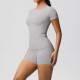 Women Fashion Casual Solid Color Short-Sleeve T-Shirt Tight Shorts Yoga Sports Two-Piece Set