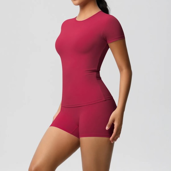 Women Fashion Casual Solid Color Short-Sleeve T-Shirt Tight Shorts Yoga Sports Two-Piece Set