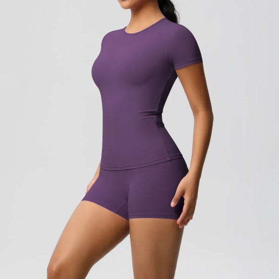 Women Fashion Casual Solid Color Short-Sleeve T-Shirt Tight Shorts Yoga Sports Two-Piece Set