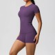 Women Fashion Casual Solid Color Short-Sleeve T-Shirt Tight Shorts Yoga Sports Two-Piece Set