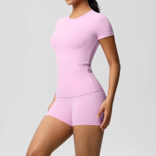 Women Fashion Casual Solid Color Short-Sleeve T-Shirt Tight Shorts Yoga Sports Two-Piece Set