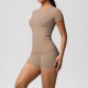 Women Fashion Casual Solid Color Short-Sleeve T-Shirt Tight Shorts Yoga Sports Two-Piece Set