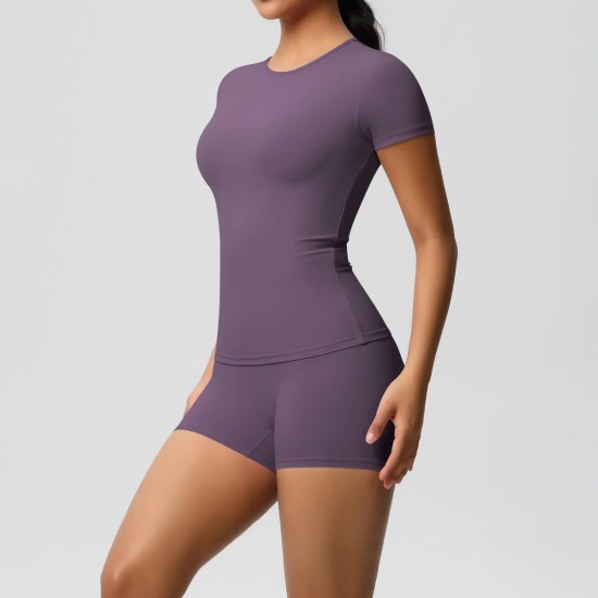 Women Fashion Casual Solid Color Short-Sleeve T-Shirt Tight Shorts Yoga Sports Two-Piece Set