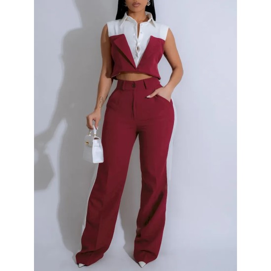 Women Sleeveless Color Blocking Shirt Pants Set
