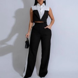 Women Sleeveless Color Blocking Shirt Pants Set