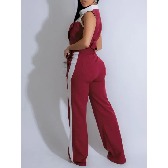 Women Sleeveless Color Blocking Shirt Pants Set