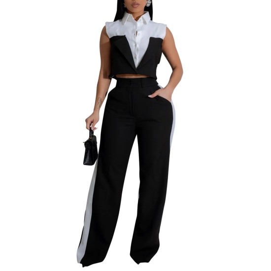 Women Sleeveless Color Blocking Shirt Pants Set