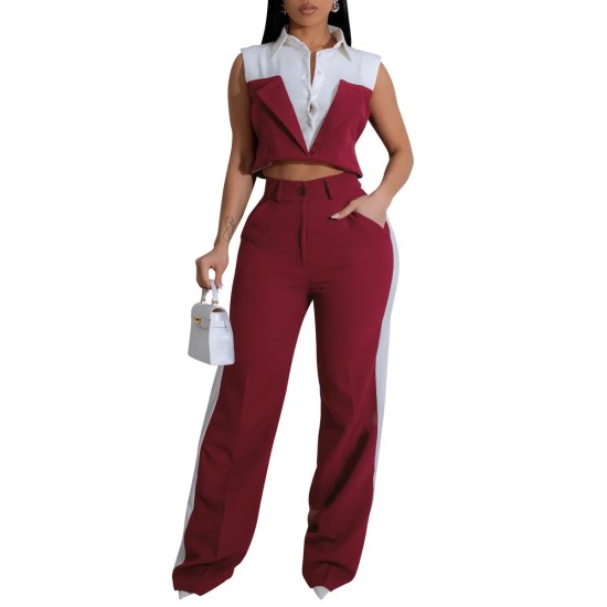 Women Sleeveless Color Blocking Shirt Pants Set