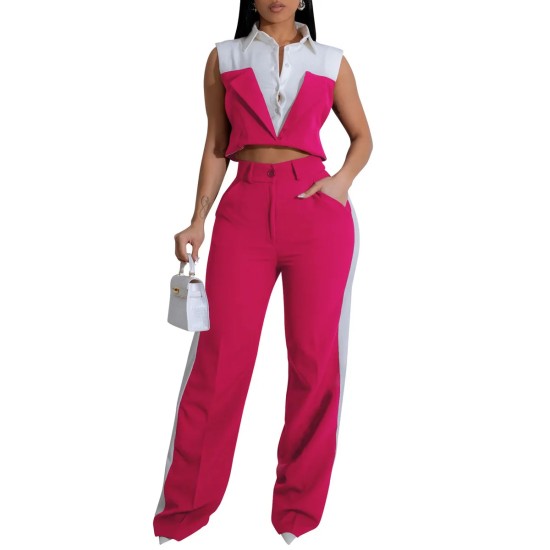 Women Sleeveless Color Blocking Shirt Pants Set