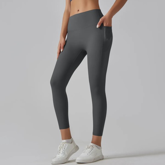 Women Fashion Casual Solid Color Pockets Tight High Waist Quick-Drying Yoga Sports Leggings