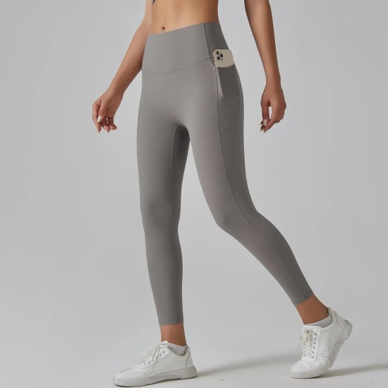 Women Fashion Casual Solid Color Pockets Tight High Waist Quick-Drying Yoga Sports Leggings