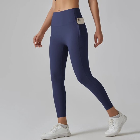 Women Fashion Casual Solid Color Pockets Tight High Waist Quick-Drying Yoga Sports Leggings