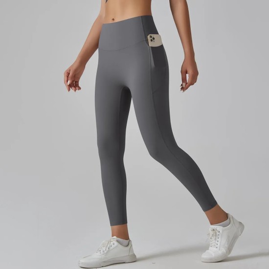 Women Fashion Casual Solid Color Pockets Tight High Waist Quick-Drying Yoga Sports Leggings