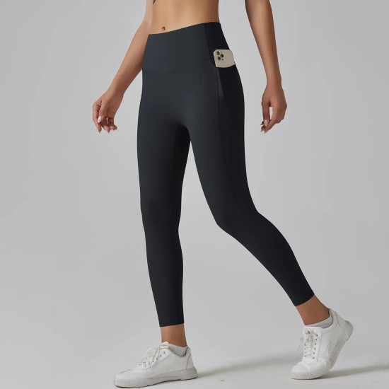 Women Fashion Casual Solid Color Pockets Tight High Waist Quick-Drying Yoga Sports Leggings
