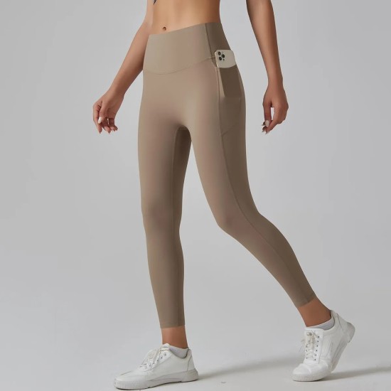 Women Fashion Casual Solid Color Pockets Tight High Waist Quick-Drying Yoga Sports Leggings