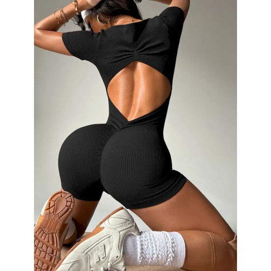 Women Fashion Solid Color Seamless Short-Sleeve Backless Yoga Sports Rompers