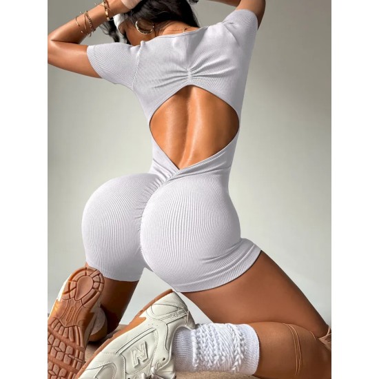 Women Fashion Solid Color Seamless Short-Sleeve Backless Yoga Sports Rompers