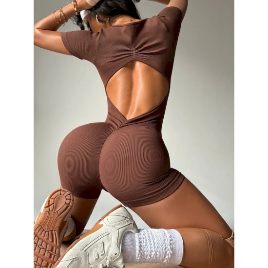 Women Fashion Solid Color Seamless Short-Sleeve Backless Yoga Sports Rompers