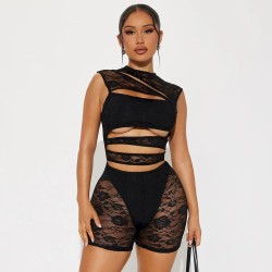 Women Fashion Sexy Solid Color Lace Stitching Hollow-Out Sleeveless Tight Rompers