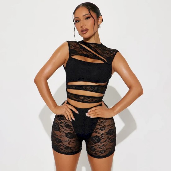 Women Fashion Sexy Solid Color Lace Stitching Hollow-Out Sleeveless Tight Rompers