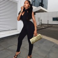 Women Fashion Sexy Solid Color Hollow-Out Sleeveless Backless Tight Jumpsuit