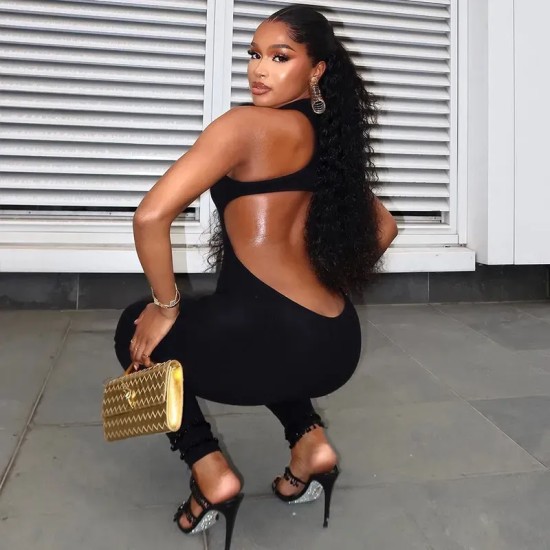Women Fashion Sexy Solid Color Hollow-Out Sleeveless Backless Tight Jumpsuit