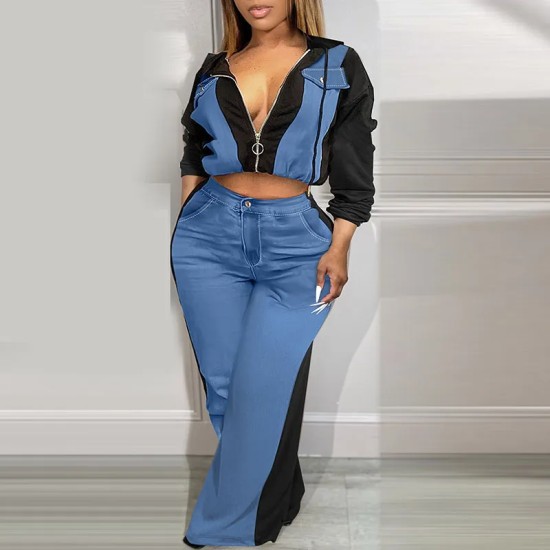 Casual Women Zipper Denim Stitching Top Wide-Leg Pants Two-Piece Set