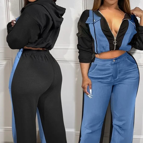 Casual Women Zipper Denim Stitching Top Wide-Leg Pants Two-Piece Set