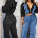 Casual Women Zipper Denim Stitching Top Wide-Leg Pants Two-Piece Set