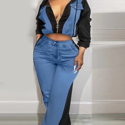 Casual Women Zipper Denim Stitching Top Wide-Leg Pants Two-Piece Set