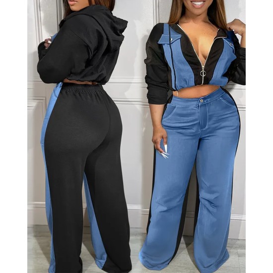 Casual Women Zipper Denim Stitching Top Wide-Leg Pants Two-Piece Set