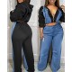Casual Women Zipper Denim Stitching Top Wide-Leg Pants Two-Piece Set
