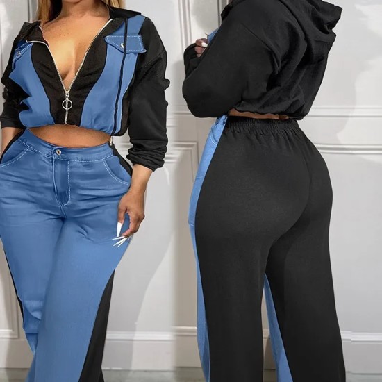 Casual Women Zipper Denim Stitching Top Wide-Leg Pants Two-Piece Set
