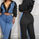 Casual Women Zipper Denim Stitching Top Wide-Leg Pants Two-Piece Set