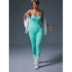 Women Fashion Sexy Solid Color Threaded Seamless Spaghetti Strap Backless Yoga Jumpsuit