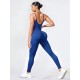 Women Fashion Sexy Solid Color Threaded Seamless Spaghetti Strap Backless Yoga Jumpsuit