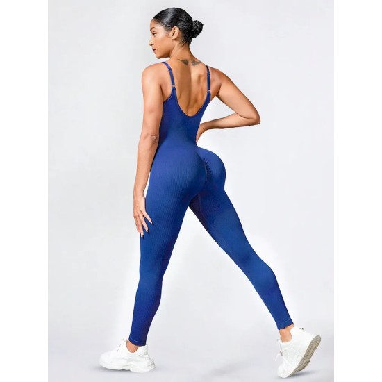 Women Fashion Sexy Solid Color Threaded Seamless Spaghetti Strap Backless Yoga Jumpsuit