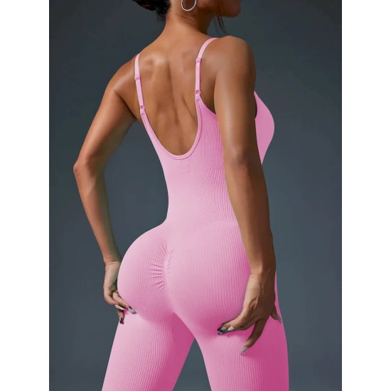 Women Fashion Sexy Solid Color Threaded Seamless Spaghetti Strap Backless Yoga Jumpsuit