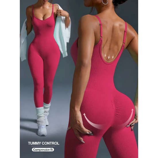Women Fashion Sexy Solid Color Threaded Seamless Spaghetti Strap Backless Yoga Jumpsuit