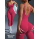 Women Fashion Sexy Solid Color Threaded Seamless Spaghetti Strap Backless Yoga Jumpsuit