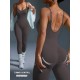 Women Fashion Sexy Solid Color Threaded Seamless Spaghetti Strap Backless Yoga Jumpsuit