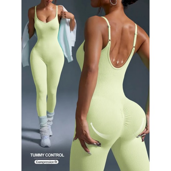 Women Fashion Sexy Solid Color Threaded Seamless Spaghetti Strap Backless Yoga Jumpsuit
