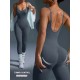 Women Fashion Sexy Solid Color Threaded Seamless Spaghetti Strap Backless Yoga Jumpsuit