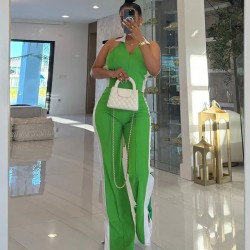 Women Fashion Blocking Color V-Neck Zipper Sleeveless Top Split Pants Two-Piece Set