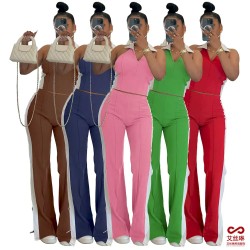 Women Fashion Blocking Color V-Neck Zipper Sleeveless Top Split Pants Two-Piece Set