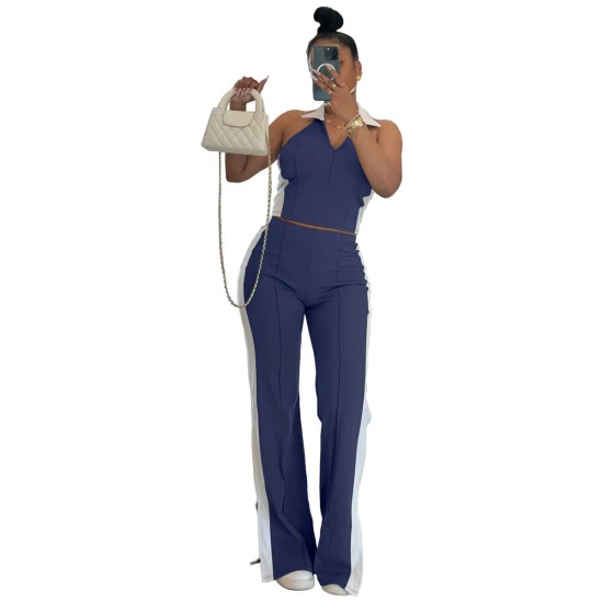 Women Fashion Blocking Color V-Neck Zipper Sleeveless Top Split Pants Two-Piece Set