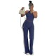 Women Fashion Blocking Color V-Neck Zipper Sleeveless Top Split Pants Two-Piece Set
