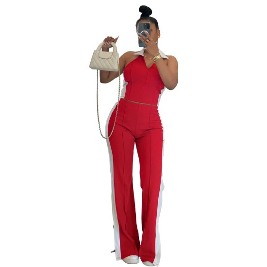 Women Fashion Blocking Color V-Neck Zipper Sleeveless Top Split Pants Two-Piece Set